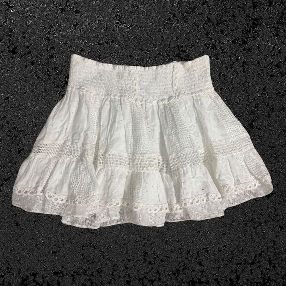 White Size Small Sequined Western Cottage Boho Fairy Folklore Layered Mini Skirt - Picture 1 of 5
